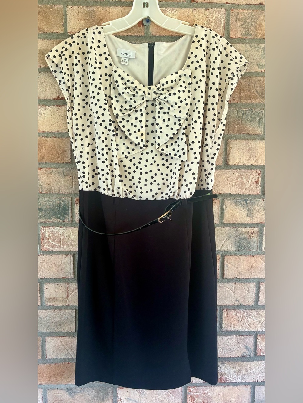 Alyx Black Hem & Cream Polka-Dot Top Knee Lenght Dress with Front Bow size 12